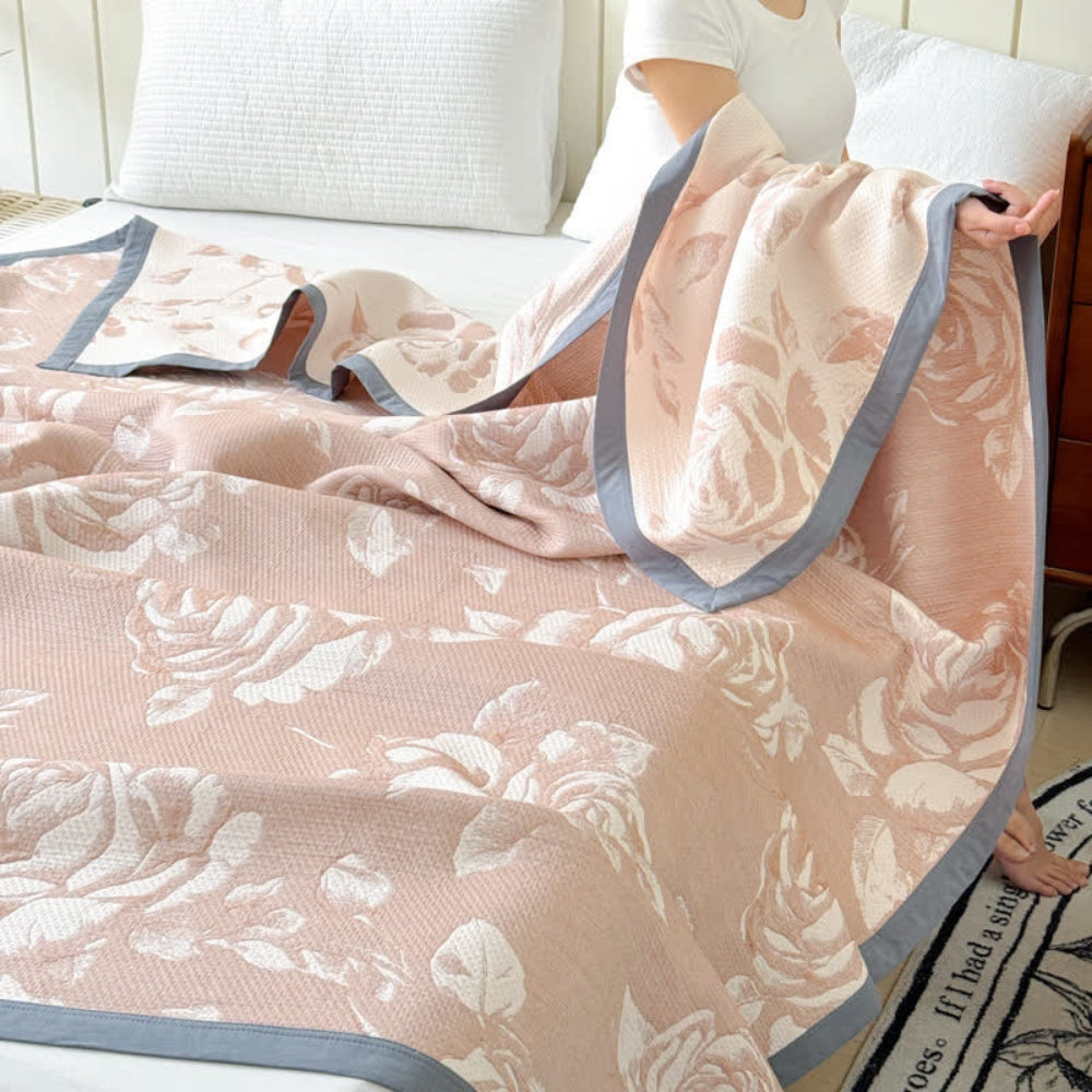 Triple-Layered Cotton Gauze Pink Rose Blanket