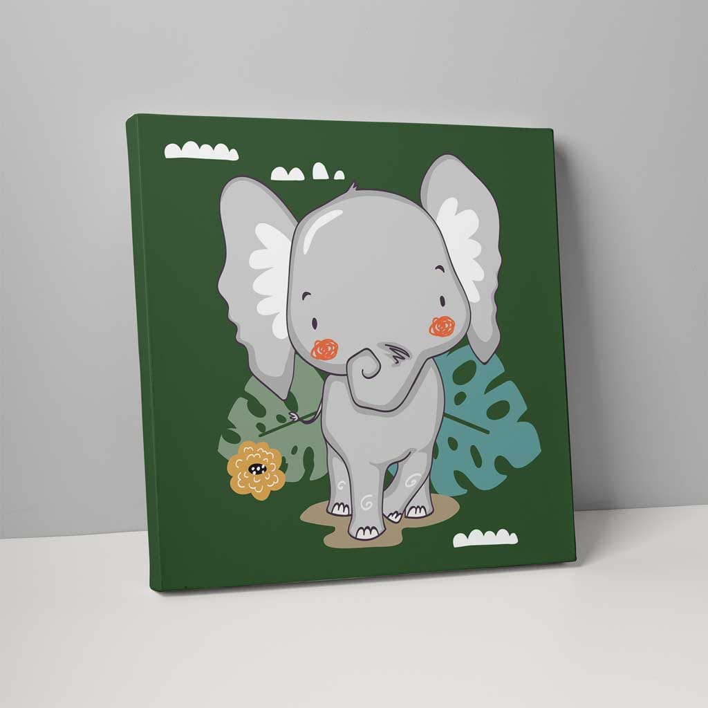 Boho Jungle Elephant Canvas Wall Art in Dark Green and Grey