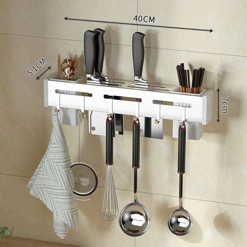 Stainless Steel Wall-Mounted Knife Holder with Hooks