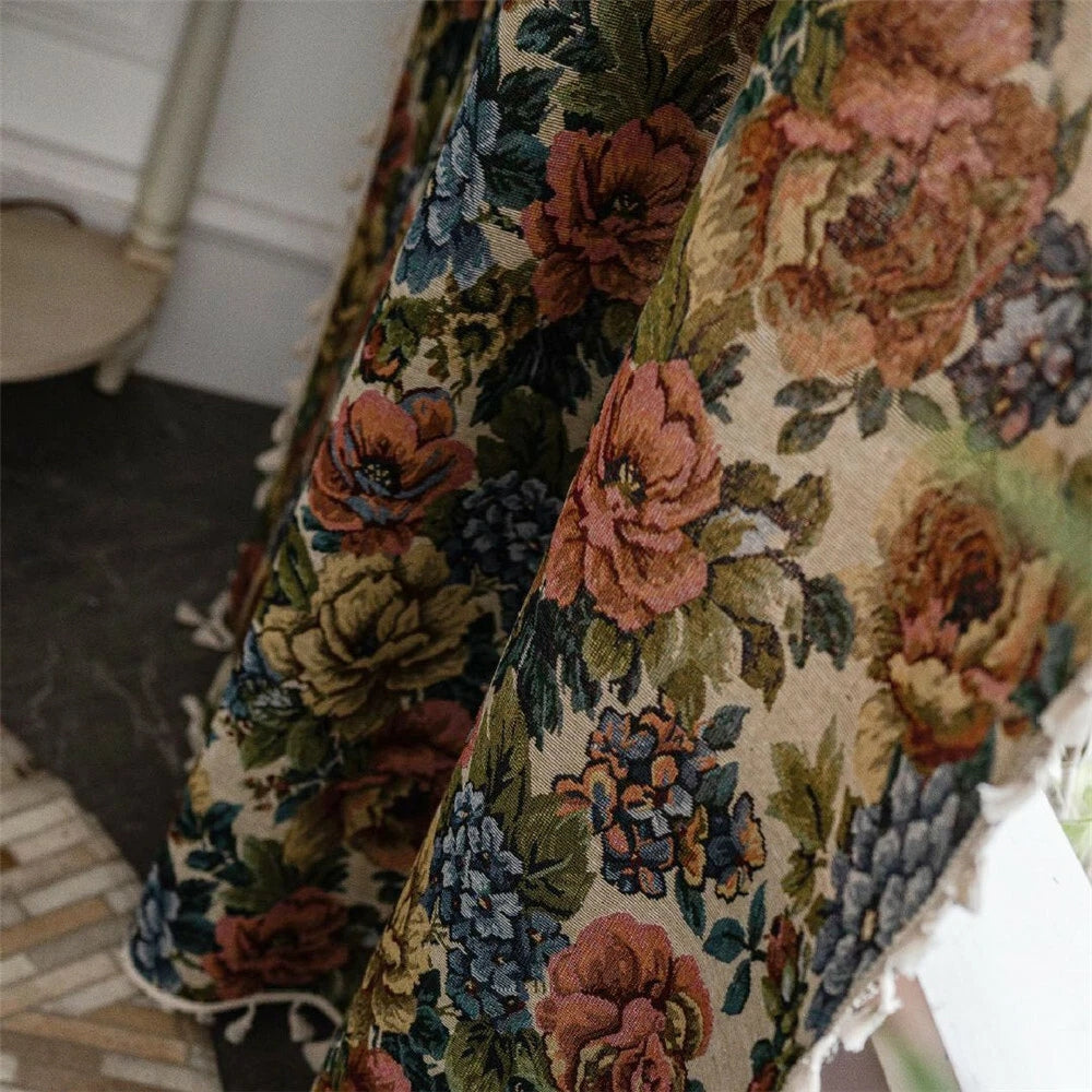 Floral Jacquard Tassel Curtain in Microfiber Blend