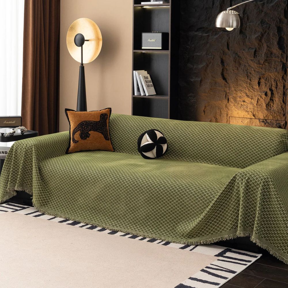 Chenille Zigzag Sofa Cover with Tassel Fringe