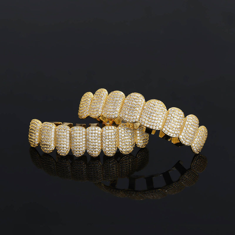 Hip-Hop Vampire Fang Grillz Set in Gold and Silver with Zircon Diamonds