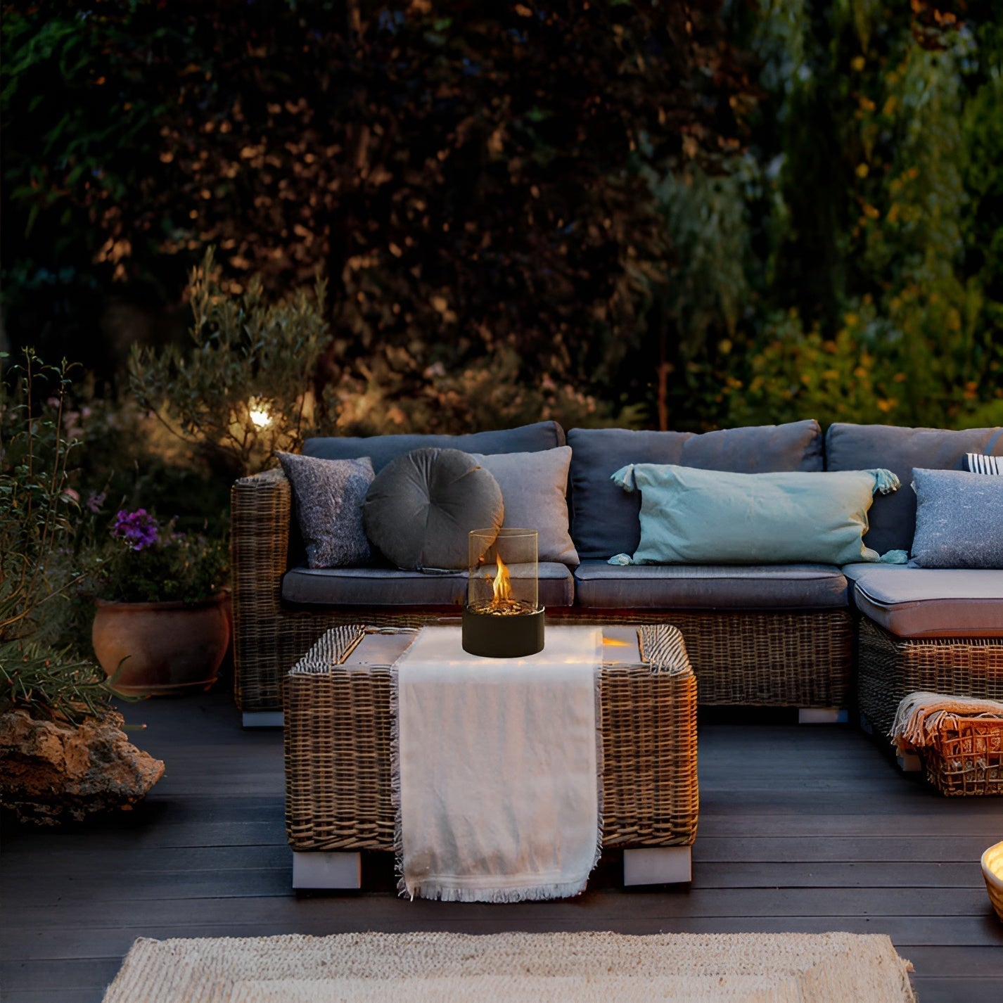 Stylish Black Metal Tabletop Fire Pit with Glass Enclosure