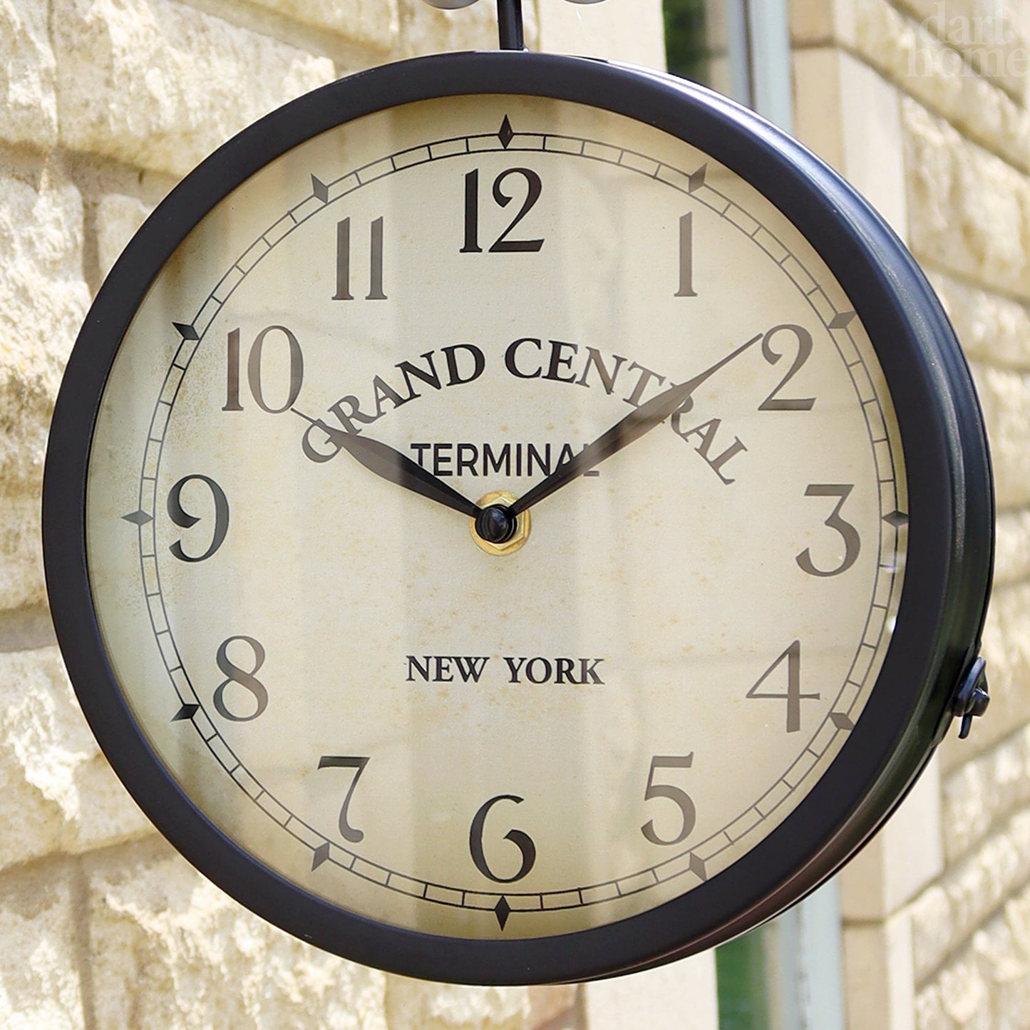 Double-Sided Black Outdoor Clock with Grand Central Design
