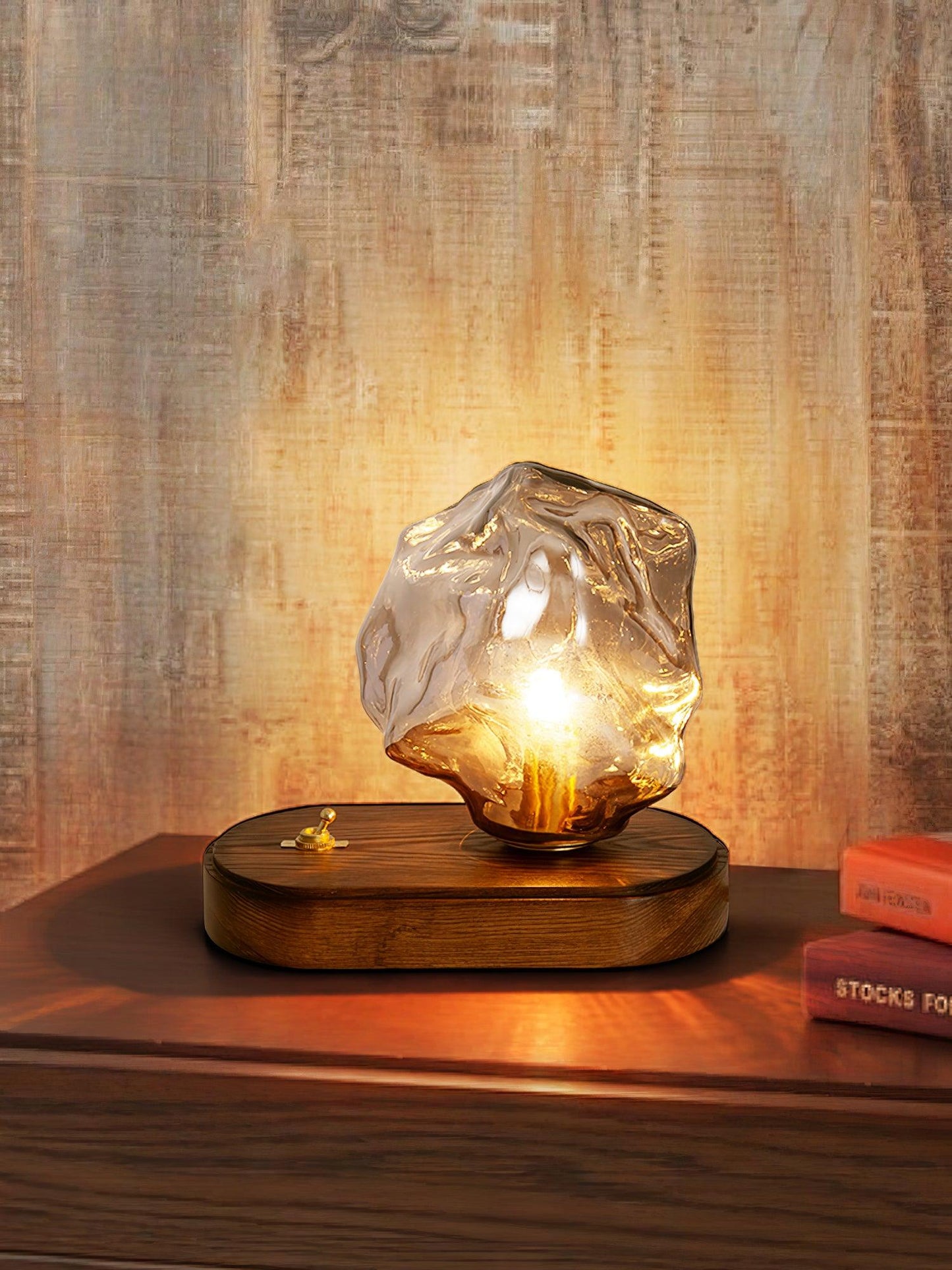 Artisan-Blown Glass Block Table Lamp with Timber Base