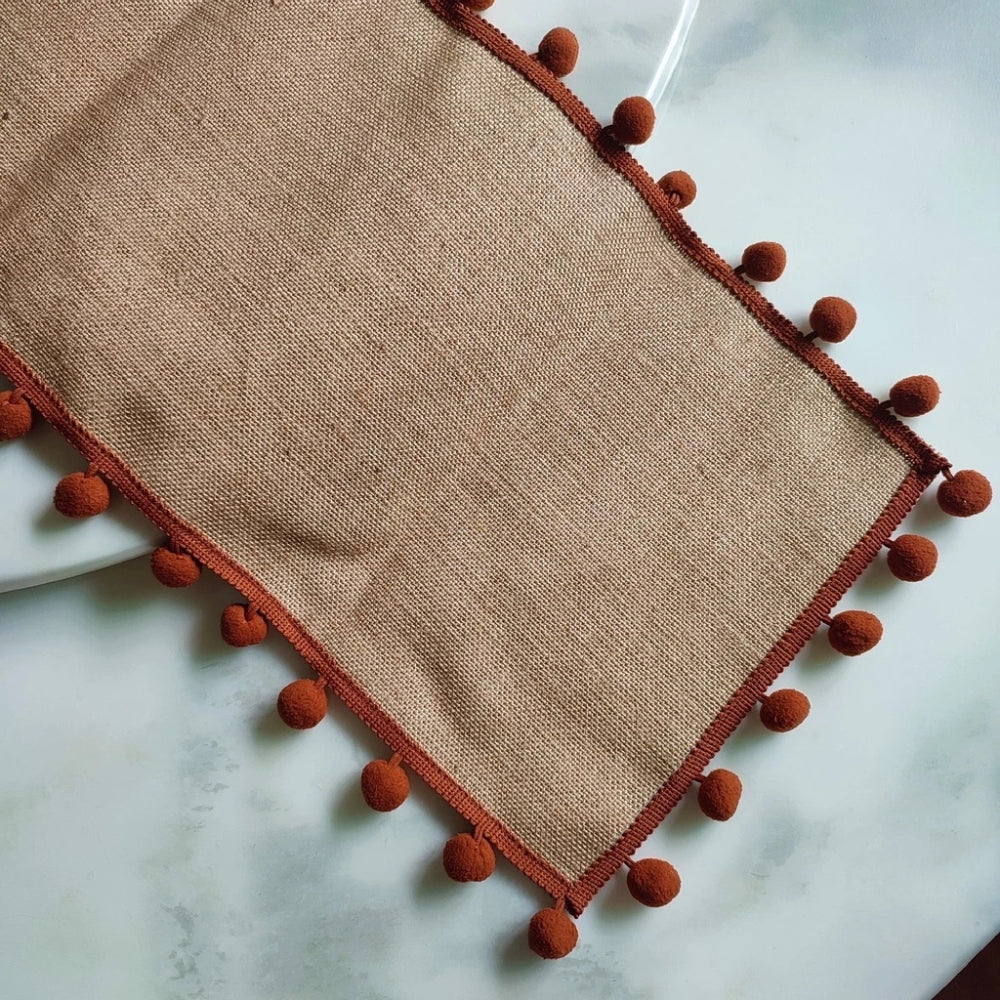 Bohemian Jute Table Runner with Orange Pom-Poms