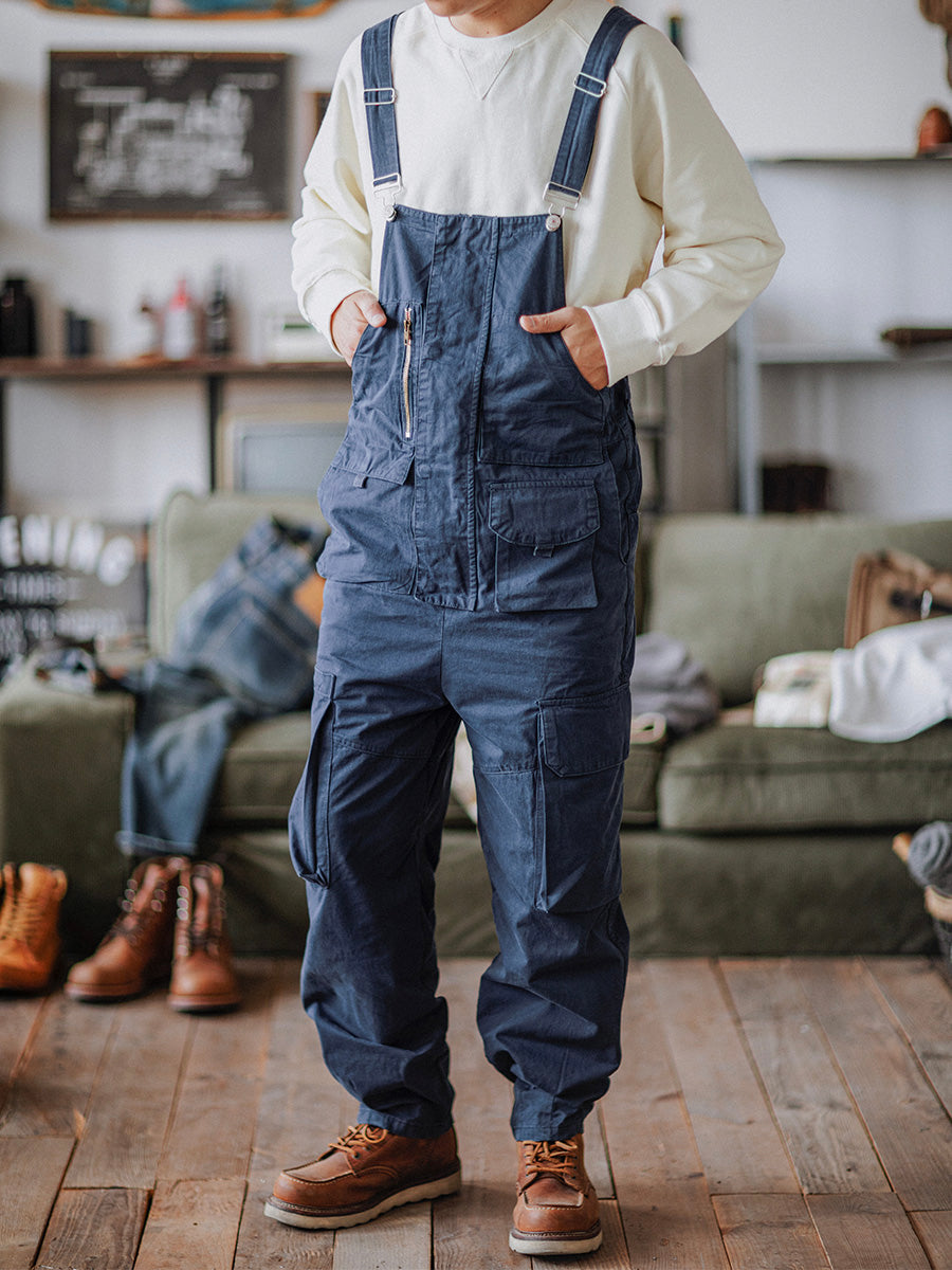 100% Cotton Loose Fit Tapered Leg Overalls with Zipper Pockets