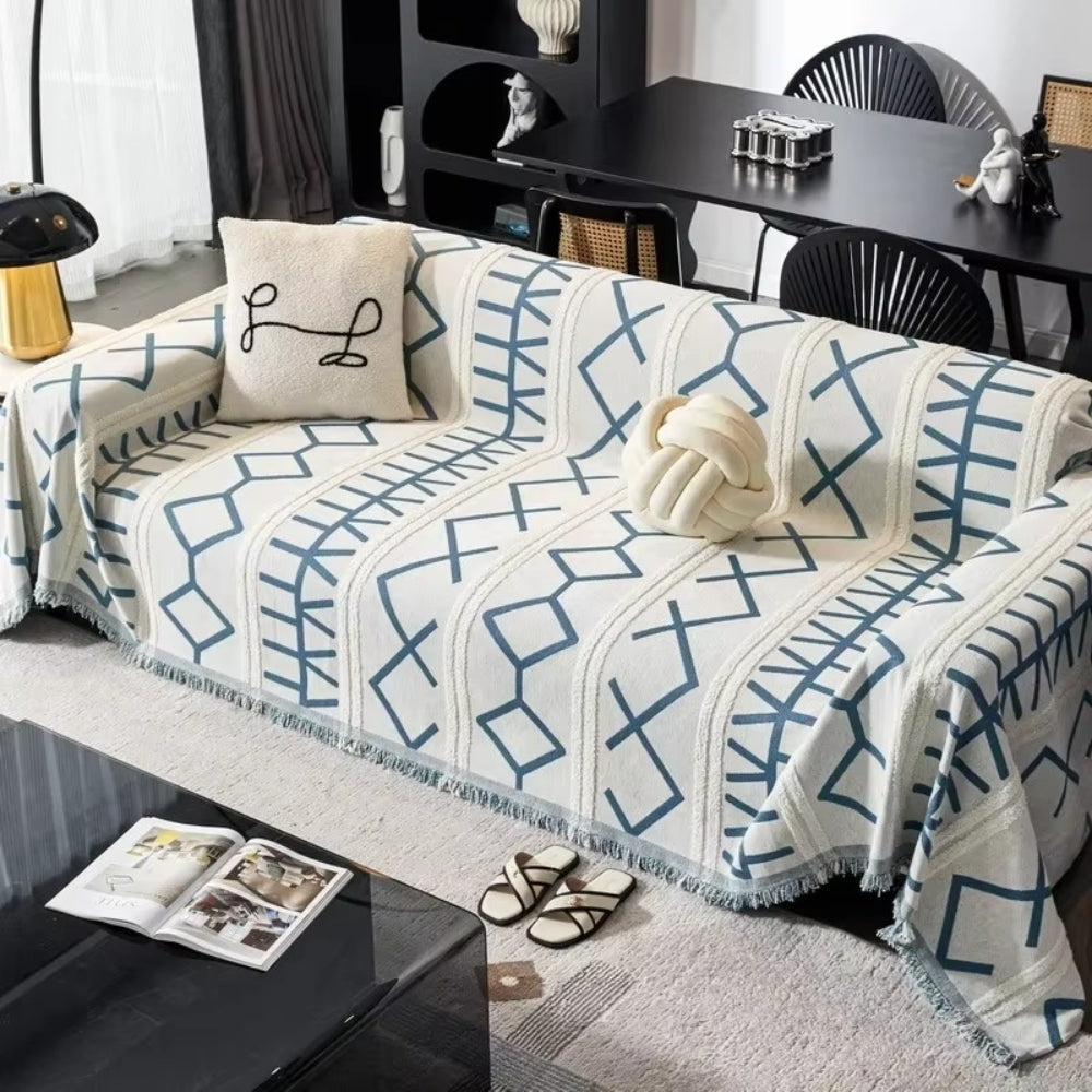 Reversible Boho Chenille Sofa Cover with Tassels