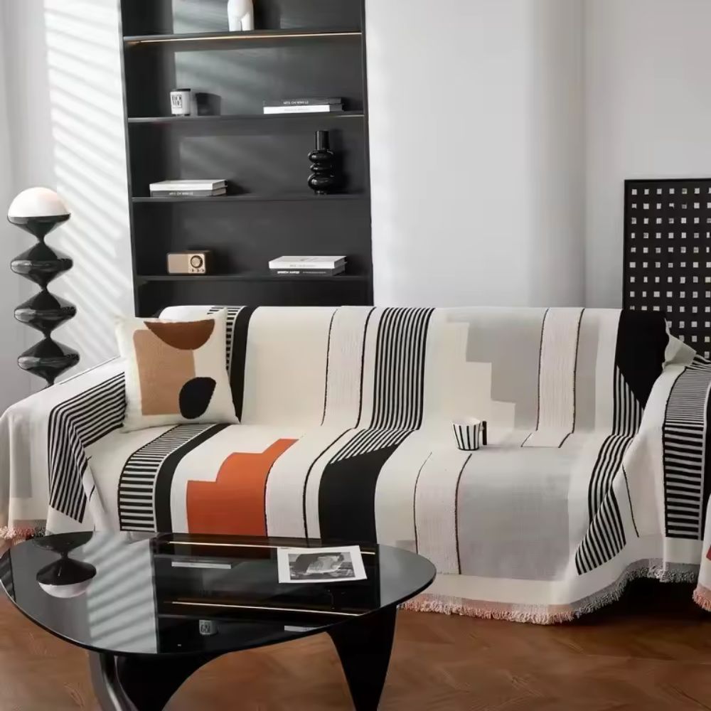 Chenille Sofa Cover with Abstract Geometric Design