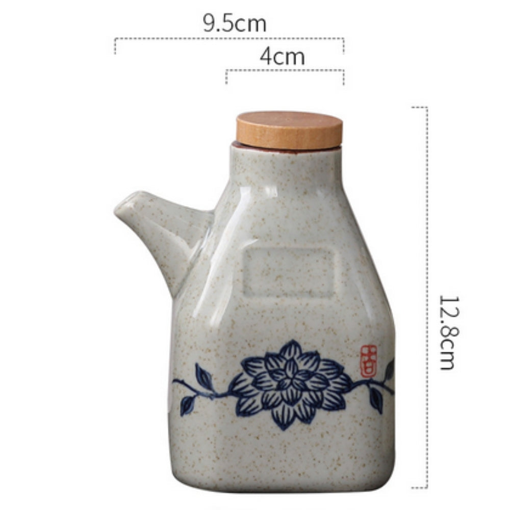 Hand-Painted Ceramic Oil and Sauce Dispenser with Wooden Lid