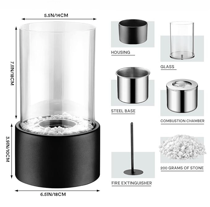 Portable Bioethanol Tabletop Fireplace with Glass Cylinder