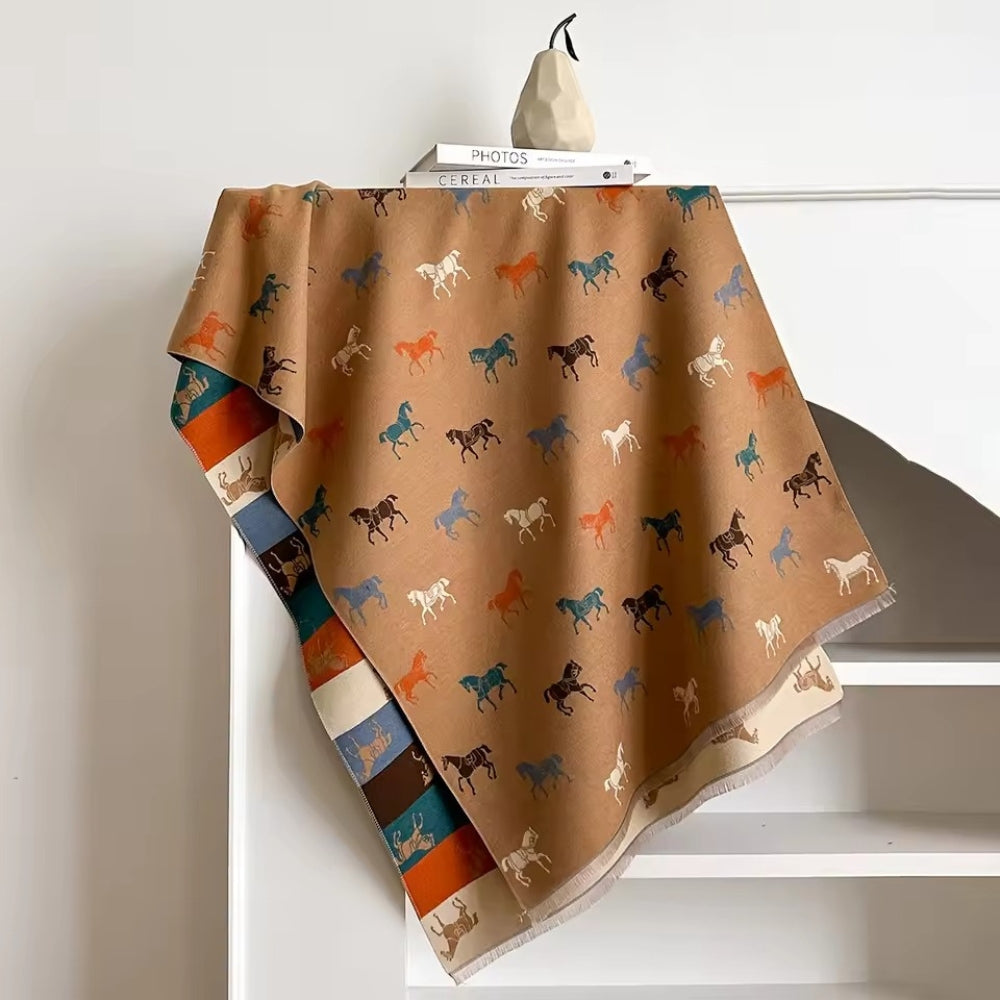 Fringed Horse Print Microfiber Shawl Scarf