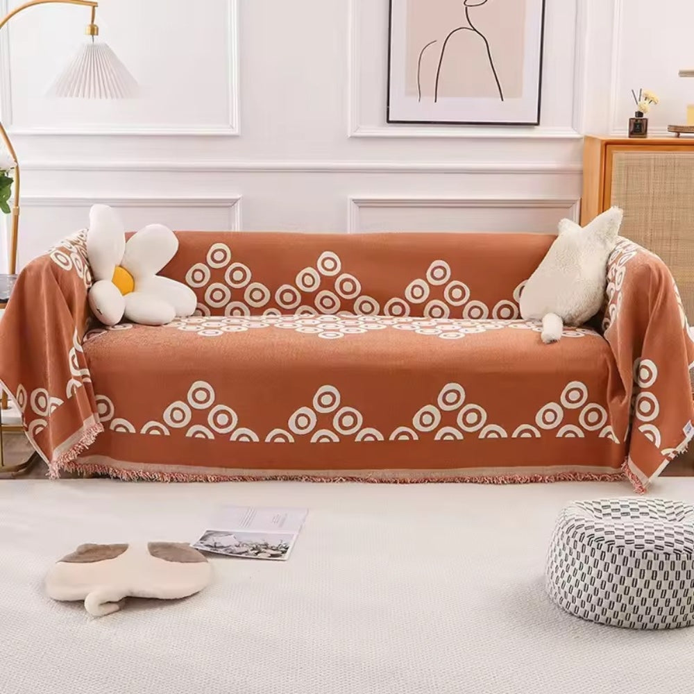 Chenille Sofa Cover with Circular Pattern and Tassel Accents