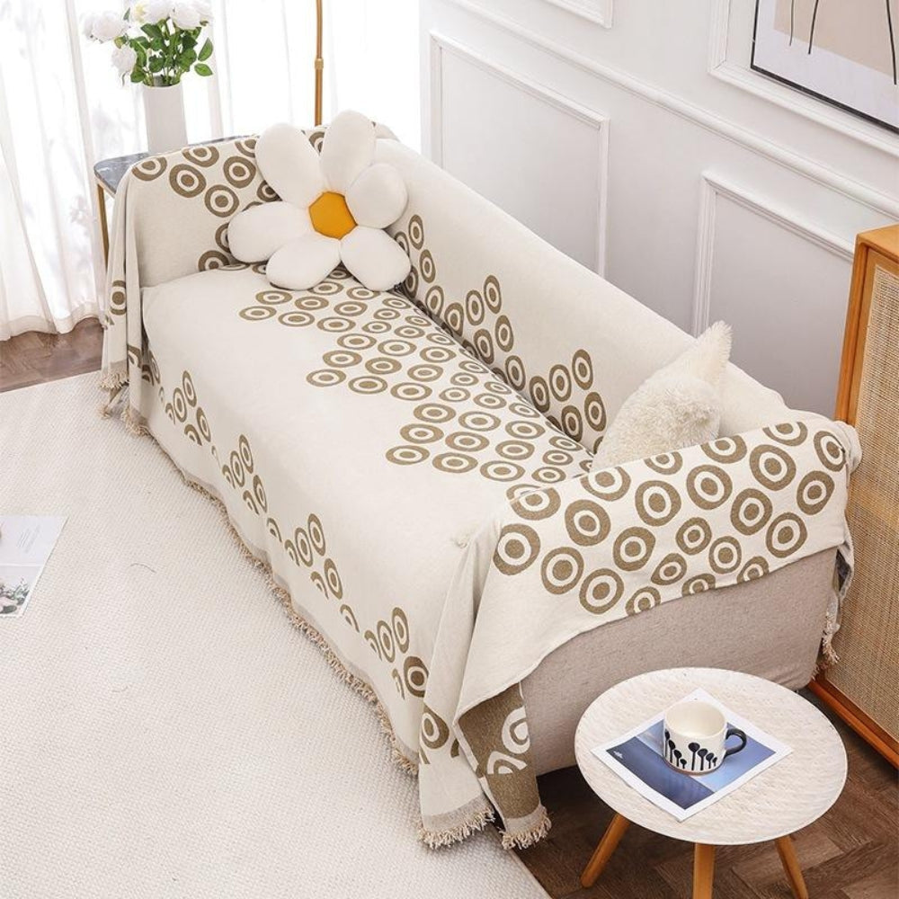 Chenille Sofa Cover with Bloom Pattern and Tassel Trim