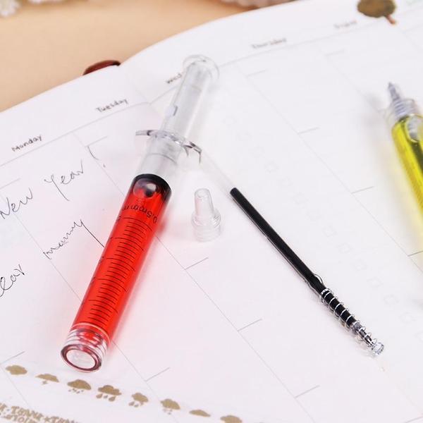 Novelty Syringe-Shaped Pens Set of 4 - Liquid-Filled Refillable Writing Instruments