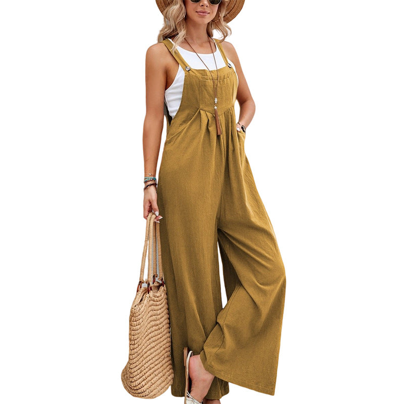 Sleeveless Button Strap Wide Leg Jumpsuit with Pockets