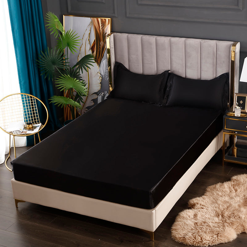 Silk Satin Elastic Fitted Sheet with Pillowcases