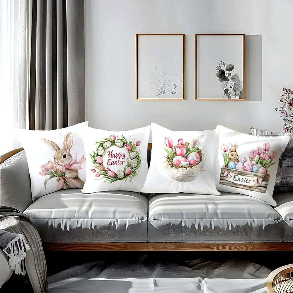 Spring Easter Cushion Covers Set of 4 with Bunny and Tulip Prints