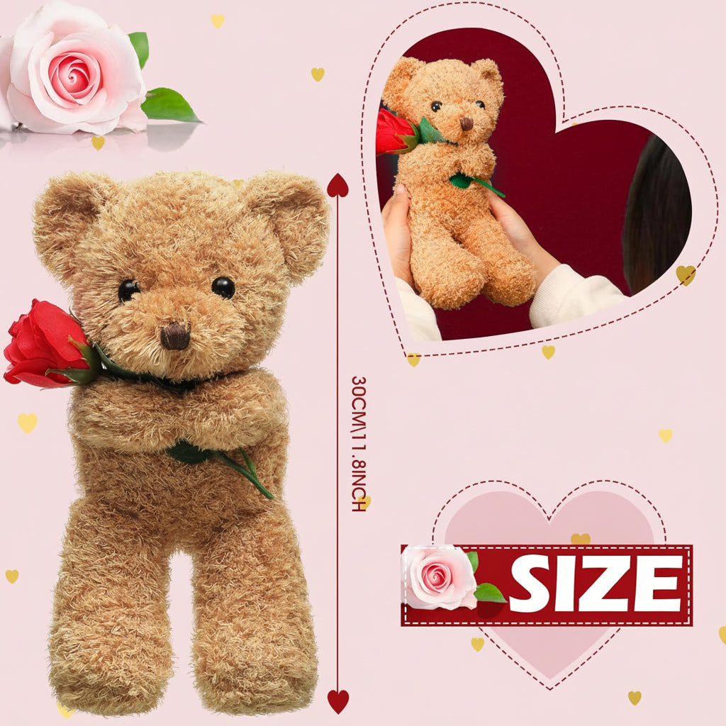 Plush Teddy Bear Holding Rose - Soft Stuffed Animal Gift