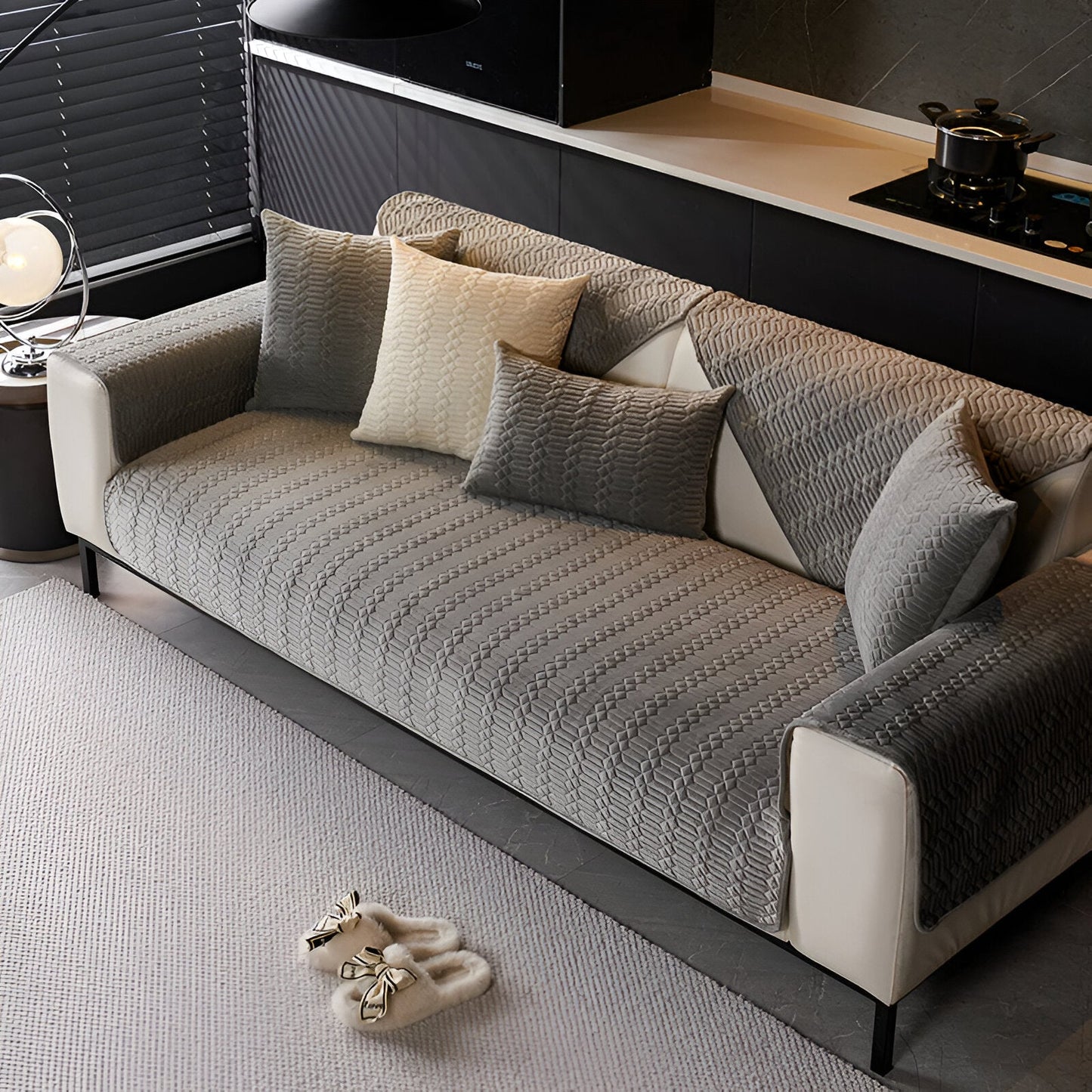 Plush Velvet Sofa Cover with Non-Slip Geometric Design