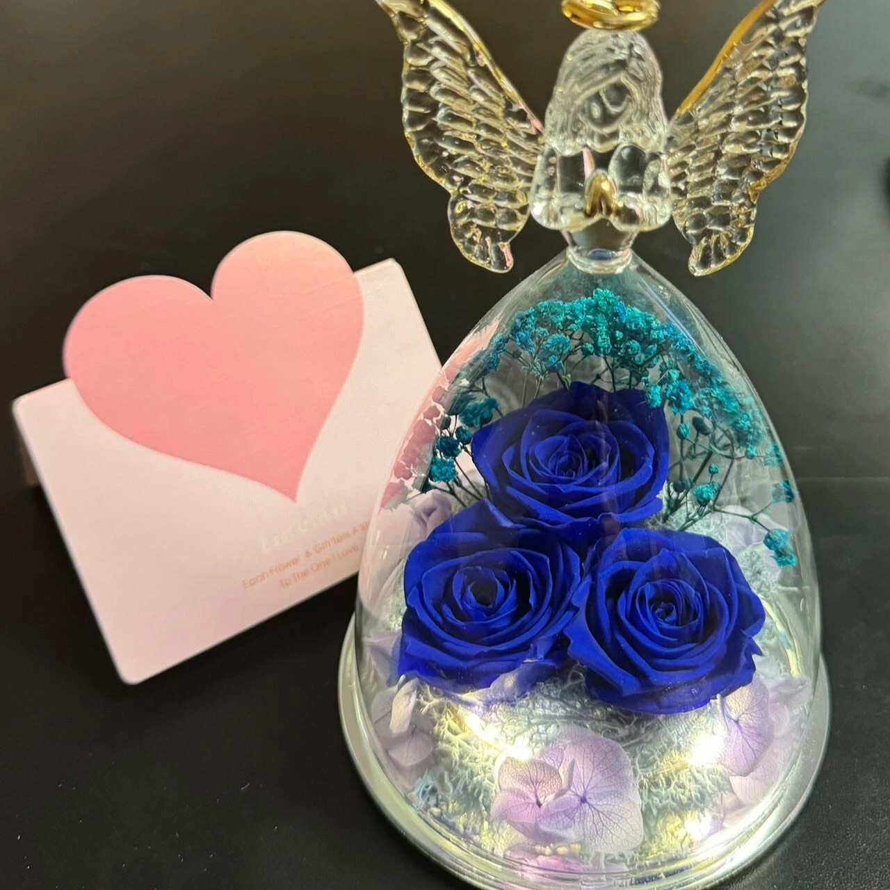 Preserved Rose Glass Angel Figurine with LED Lights