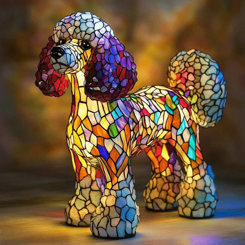 Stained Glass Dog Table Lamp with Colorful Ambient Light