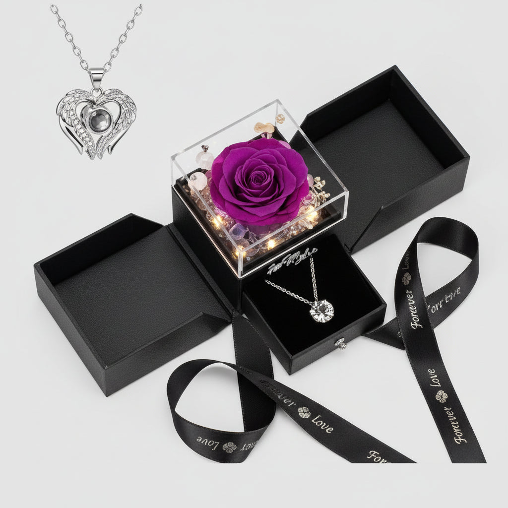 Preserved Galaxy Rose with Heart Necklace Gift Set