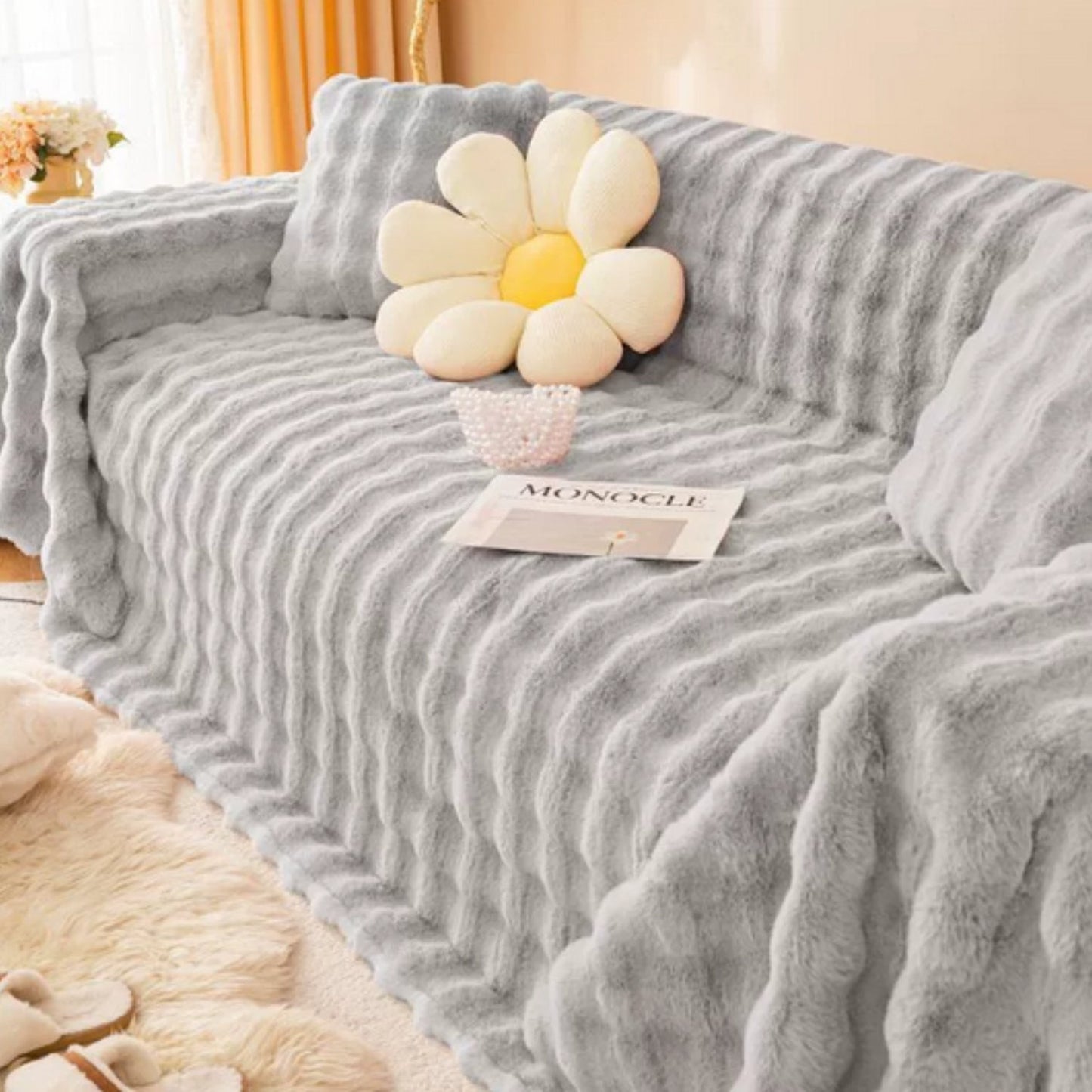 Rabbit Faux Fur Stretch-Fit Sofa Cover