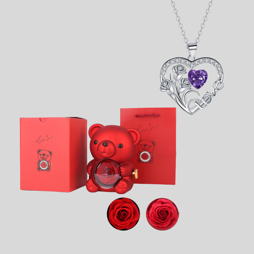 Red Heart Pendant Necklace in Cute Bear Rose Gift Box