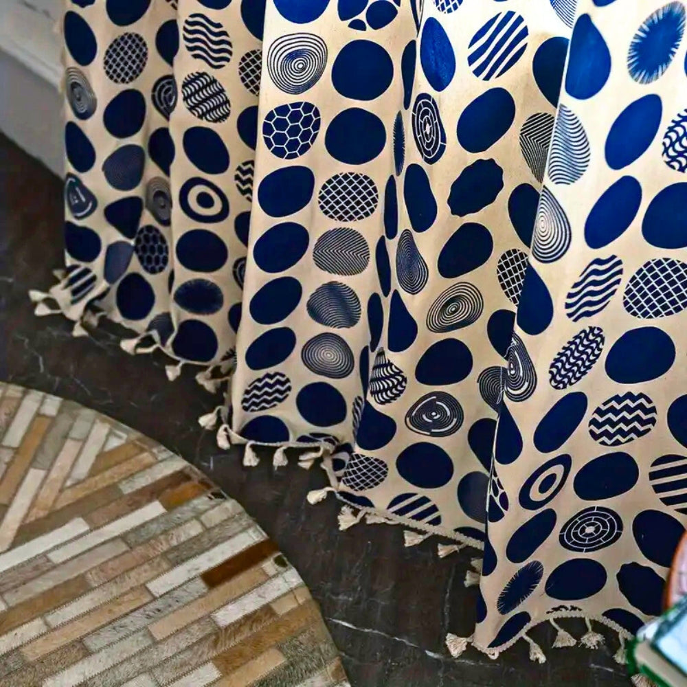 Retro Blue Polka Dot Blackout Window Curtain with Tassels