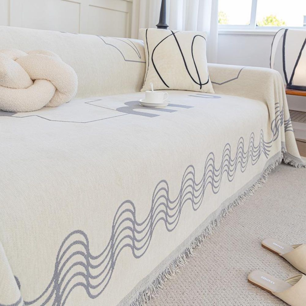 Ripple Curve Microfiber Sofa Cover with Tassel Trim