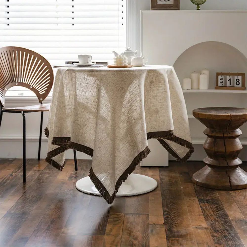 Khaki Linen Tassel Tablecloth