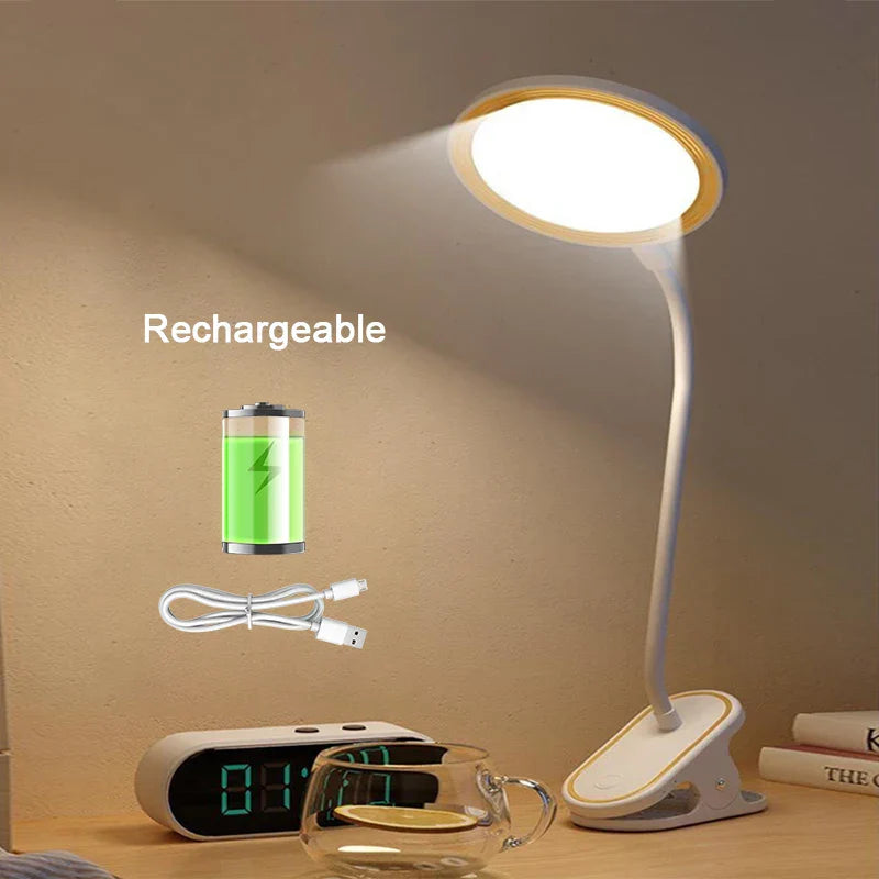 USB Rechargeable Clip-On LED Desk Lamp with 3 Brightness Levels