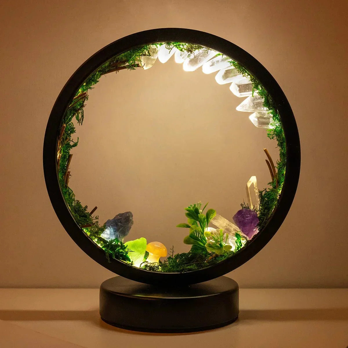 Elegant Round Night Lamp with Green Crystals and Plants