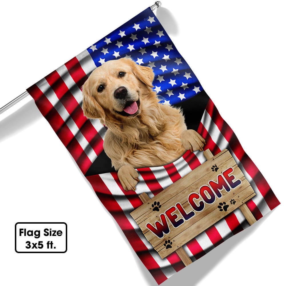 Golden Retriever Welcome Flag with American Flag Design