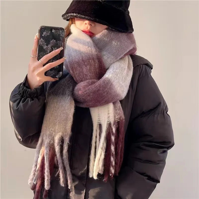 Large Soft Plaid Wool Blend Winter Scarf with Fringed Edges