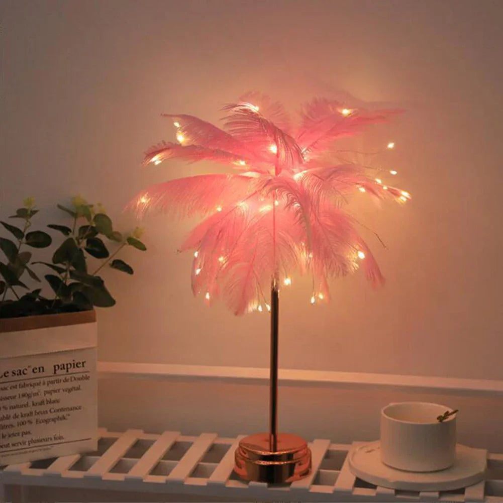 LED Feather Table Lamp with Remote Control - USB Powered Nightstand Light