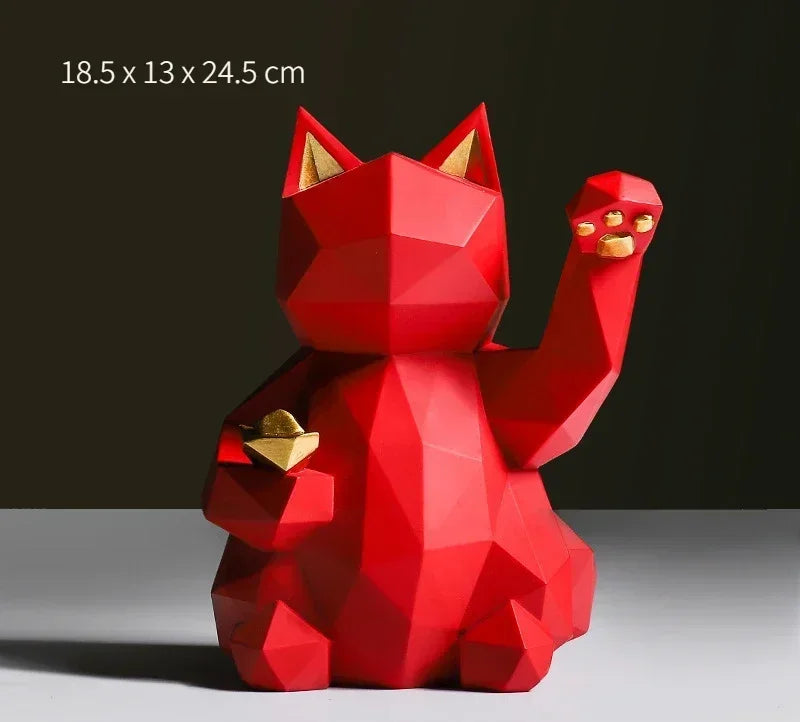 Geometric Lucky Cat Figurines in Red and White Resin