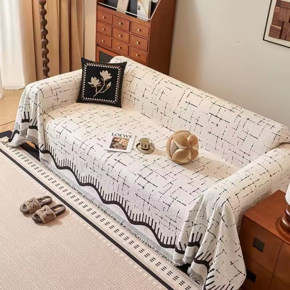 Fringed Microfiber Sofa Cover in Serene Horizon Design