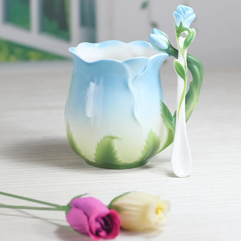 Ceramic 3D Rose Flower Coffee Mug with Spoon