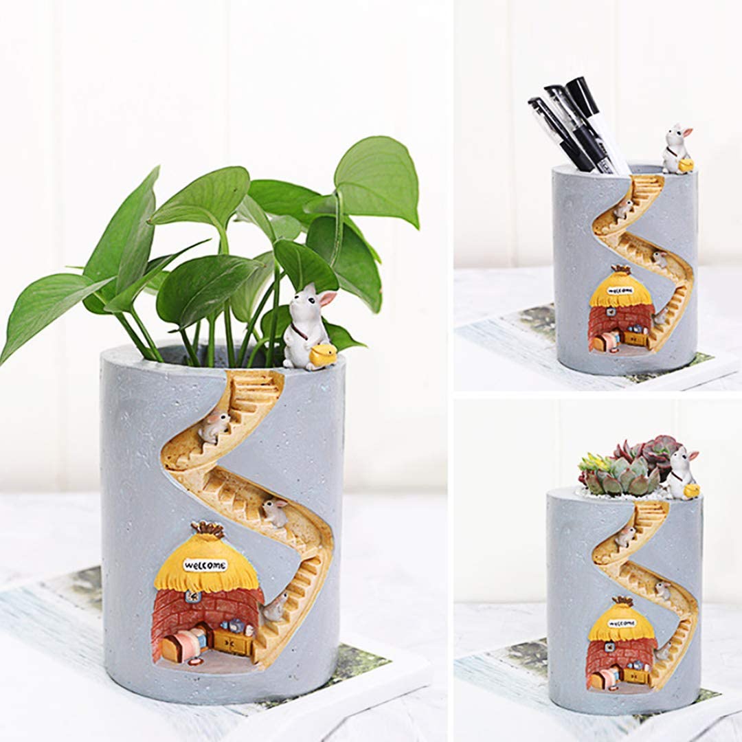 Artistic Resin Flower Pots with Rabbit and Hedgehog Designs
