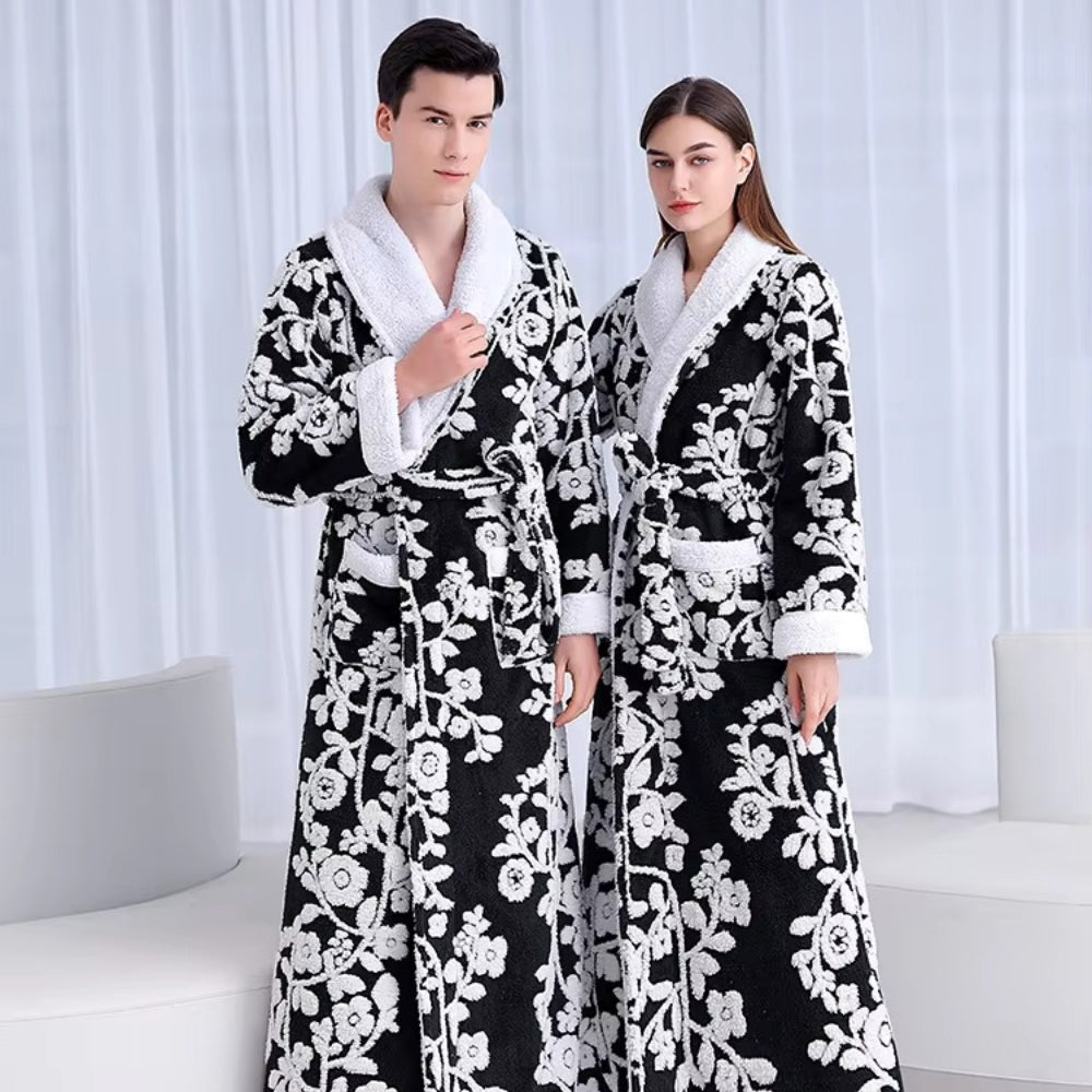 Double-Layer Jacquard Bathrobe for Couples in Soft Coral Fleece