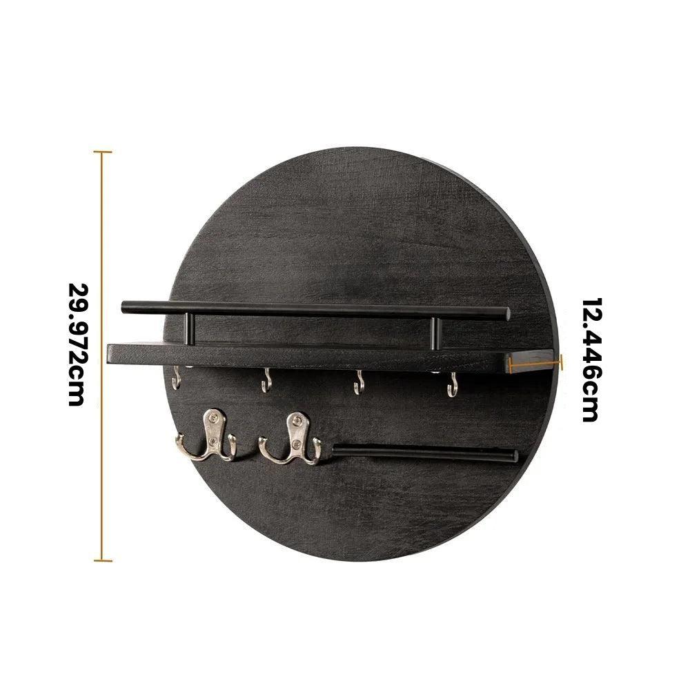 Round Wooden Key Holder Shelf with Hooks and Rail