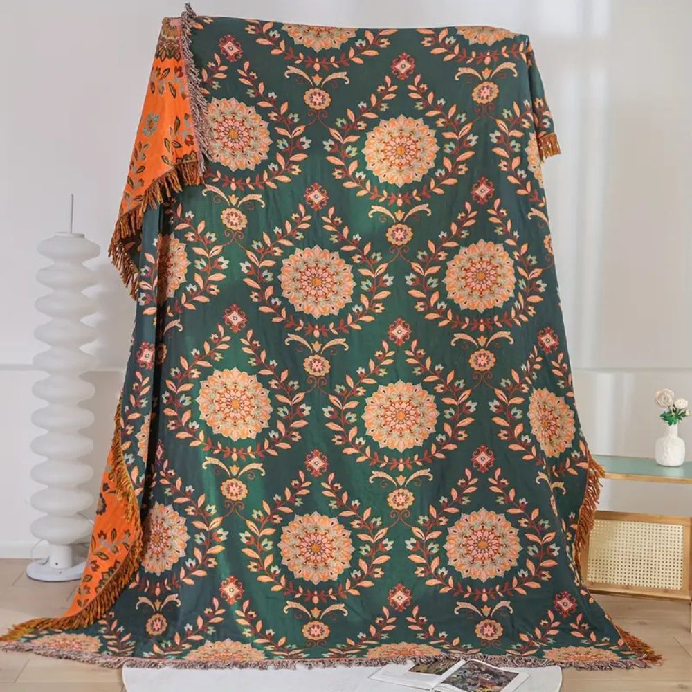 Reversible Vintage Cotton Blanket with Floral Design and Fringe Trim