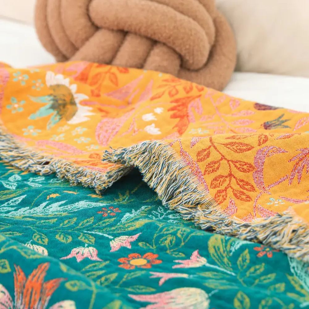 Reversible Botanical Cotton Blanket with Tassels
