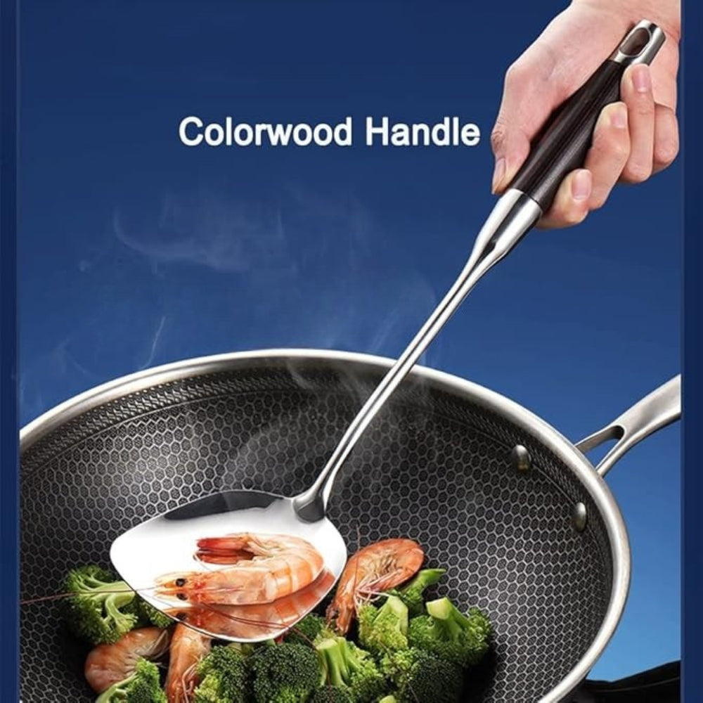 Stainless Steel Wooden Utensil Set with Ergonomic Handles - 6 Pieces
