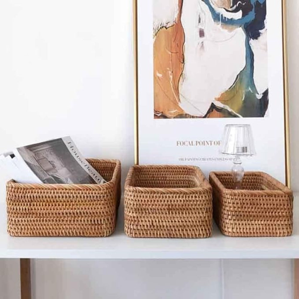Hand-Woven Rectangular Rattan Storage Basket