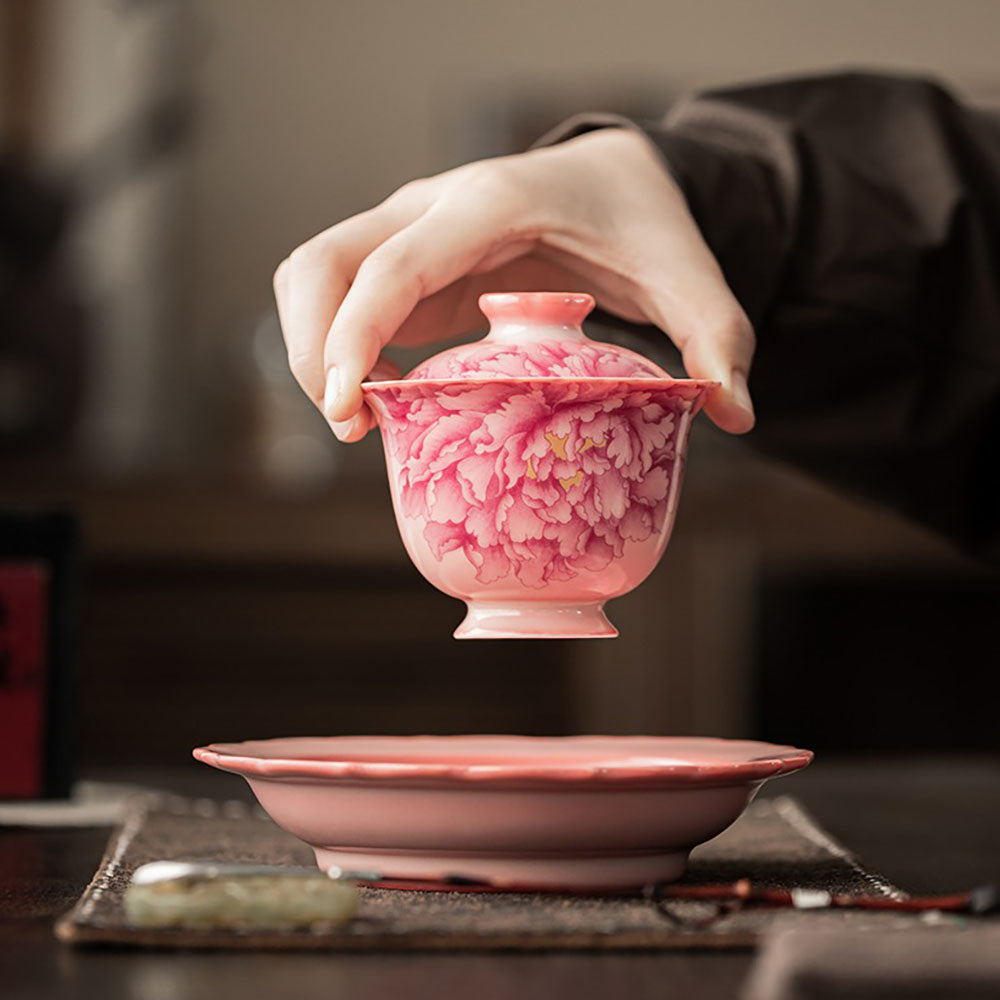 Pink Peony Ruyao Gaiwan Tea Set with Saucer