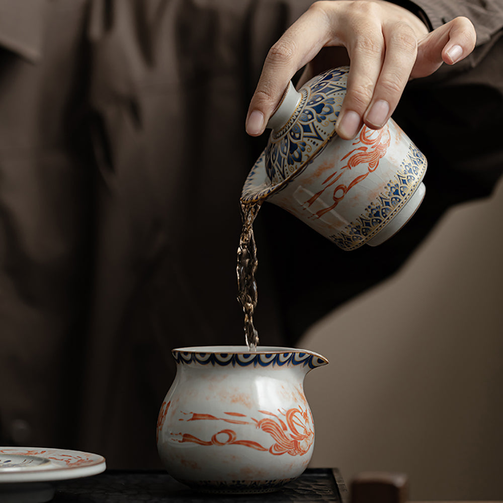 Ruyao Porcelain Gaiwan with Dunhuang Feitian and Lotus Design