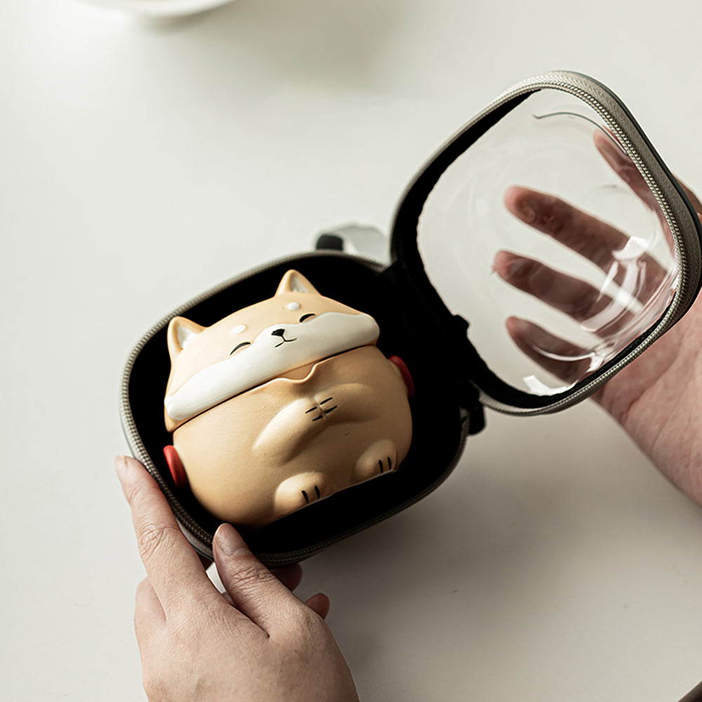 Shiba Inu Pottery Travel Tea Set with Storage Bag